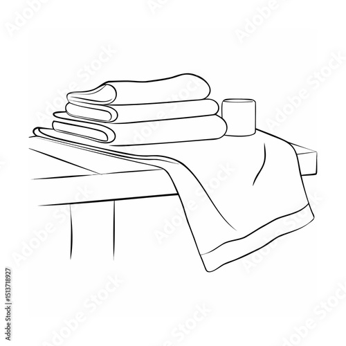 Line art illustration of neatly folded towels and a washcloth on a modern table