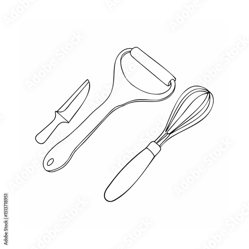 Kitchen utensils collection depicting knife peeler and whisk isolated against white background