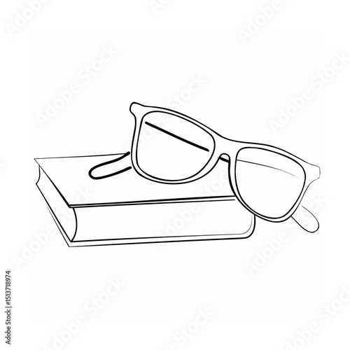 Simple outline illustration of eyeglasses resting on a closed book representing reading and knowledge.