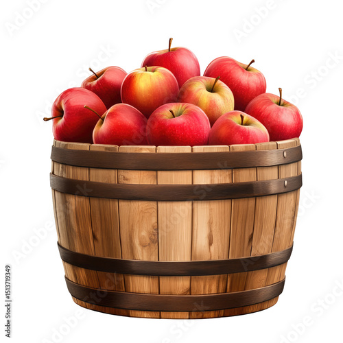 A wooden barrel filled to the brim with ripe red apples against a dark black background illustration