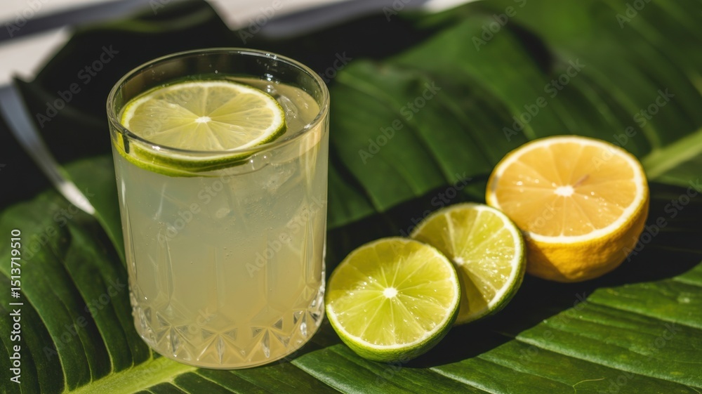 Refreshing lemonade with lime slices on tropical leaves Refreshing lemonade with lime slices on tropical leaves