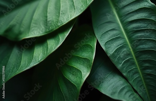 Close-up of green tropical leaves. Natural leaf texture, detailed foliage. Fresh eco background, vibrant dark green colours. Nature, spring, summer, botanical eco concept. Ideal for product