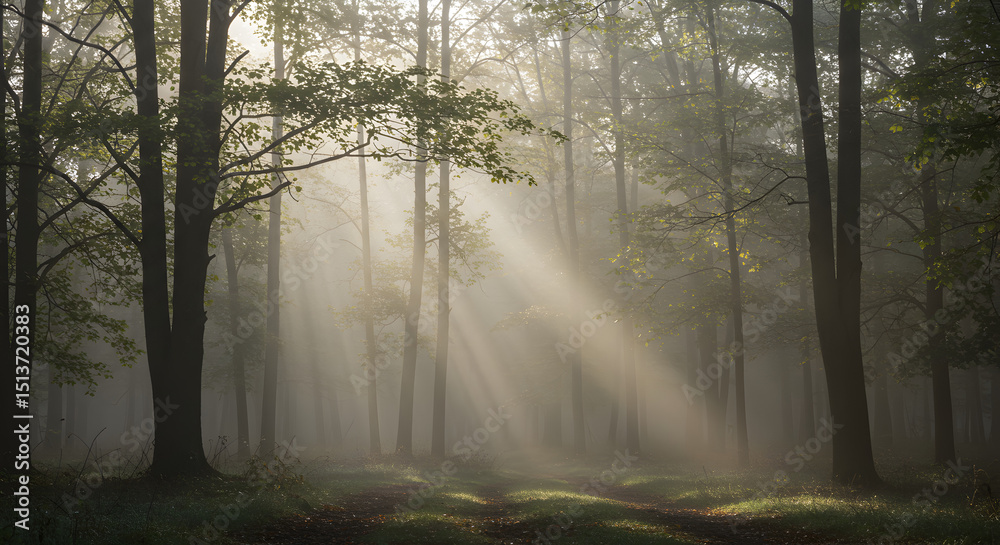 Fototapeta premium Sun Rays Through Foggy Forest