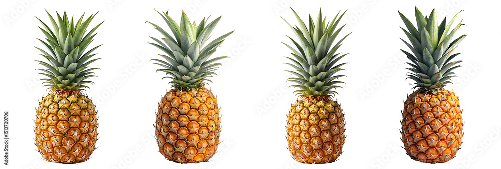Fresh Pineapple Fruit Studio Shot Four Ripe Pineapples Isolated Transparent Background Tropical Food Photography