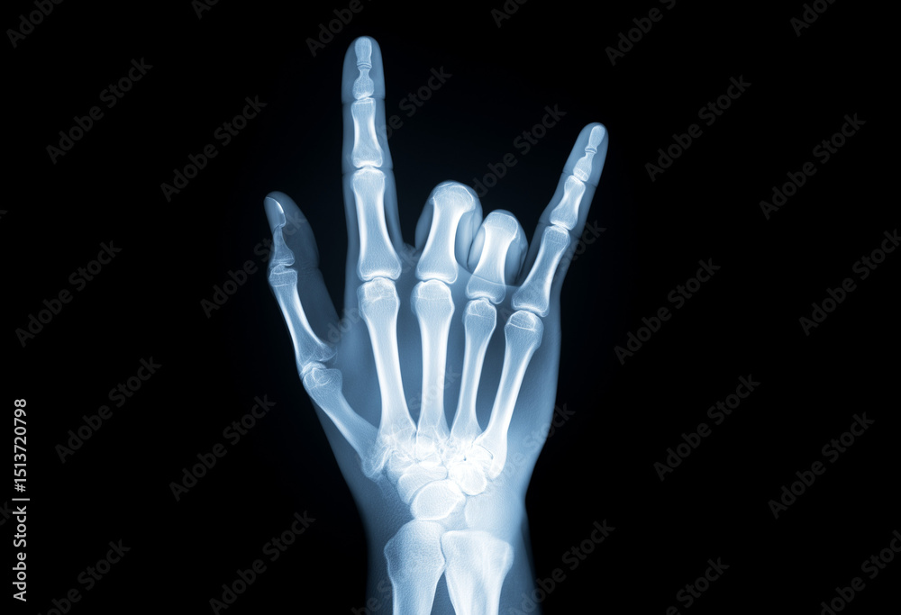 Obraz premium X-ray Image of Hand Showing Bones and Gesture in Dark Background