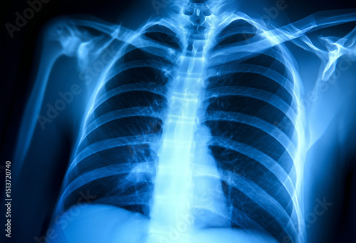 Medical Chest X Ray Showing Lungs and Ribs in Bright Blue Tones photo