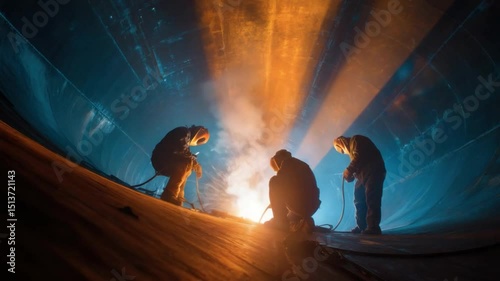 Construction Workers at Work: Silhouette of construction workers laboring tirelessly in an enclosed space, their forms illuminated by the warm glow of welding sparks and beams.