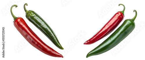 Vibrant Red and Green Chile Peppers Isolated on Transparent Background Perfect for Spicy Food Recipes and Culinary Designs