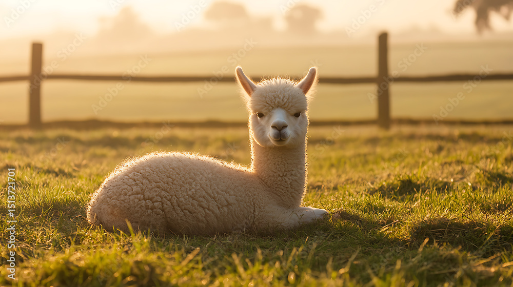 Fototapeta premium Adorable alpaca lounging in a sun-drenched field, creating a tranquil and heartwarming scene. Soft golden light enhances the charm of this serene moment.