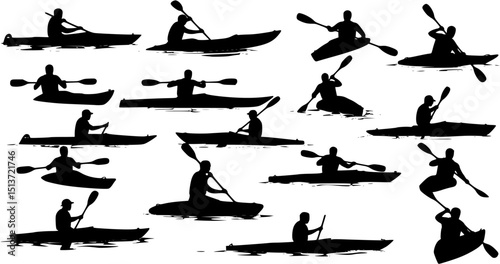 kayaking silhouette collection set. water sport, race, transport concept. different action, pose. monochrome vector illustration.
