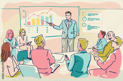 Corporate Training Session: Businessman Presenting Growth Chart to Colleagues