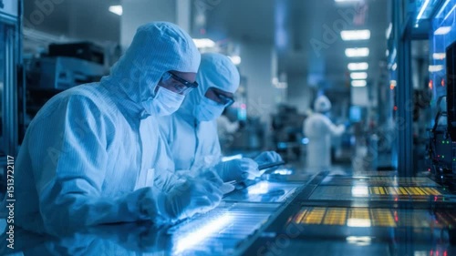 Technicians Inspecting Circuit Boards: Two technicians in sterile suits meticulously inspect circuit boards in a high-tech cleanroom. The image highlights precision.