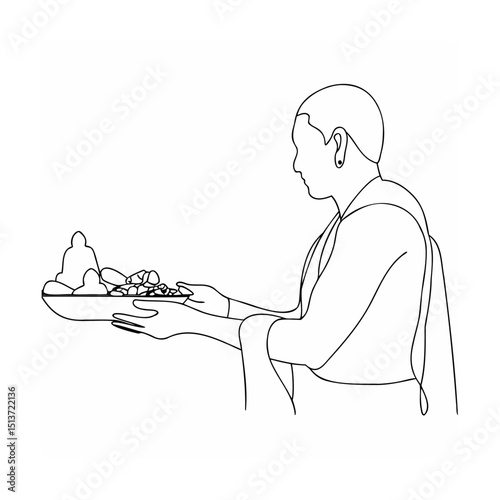 Line drawing illustration of a monk presenting offering on a tray symbolizing buddhism