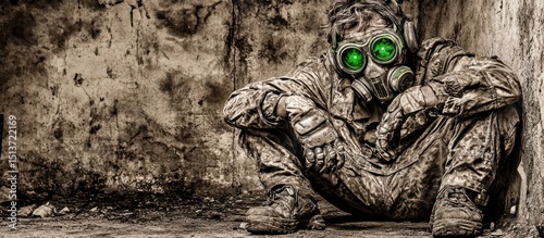 Dystopian future survivor wearing a gas mask in a ruined building corner