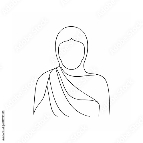 Simple black line art illustration of a person wearing drapery and a headdress