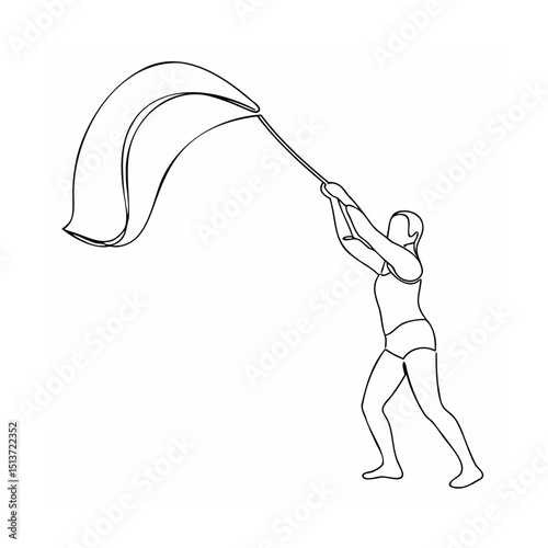 Minimalist one line illustration of a person holding a flag performing a dance move
