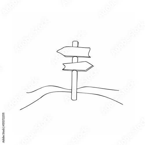 Minimalist line drawing of directional sign post on a landscape indicating options and choices