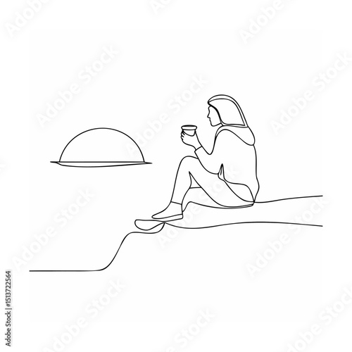 Simple line art depicting a woman with coffee enjoying a moment of peace