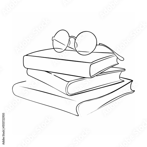 Simple line art stack of books with eyeglasses depicting literature education and reading
