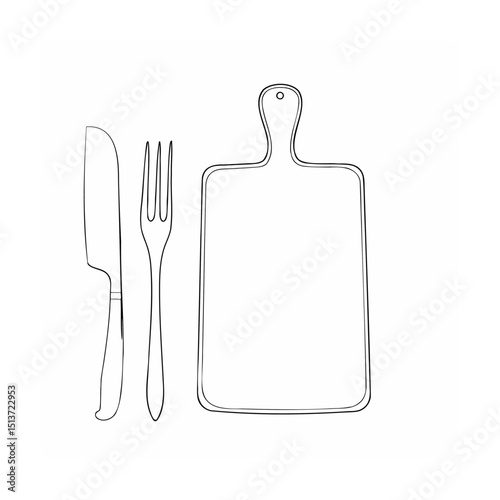 Simple line drawing of kitchen utensils and chopping board on a clean white background