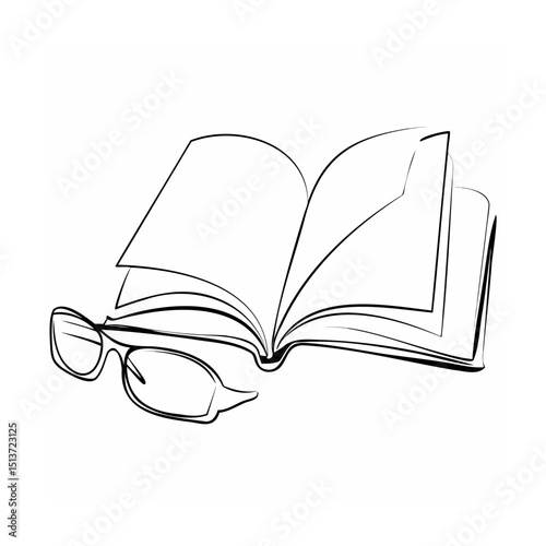Simple black and white line art illustration of open book and glasses resting nearby