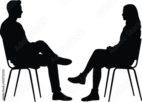 Silhouette of two individuals sitting across from each other, engaged in conversation or discussion
