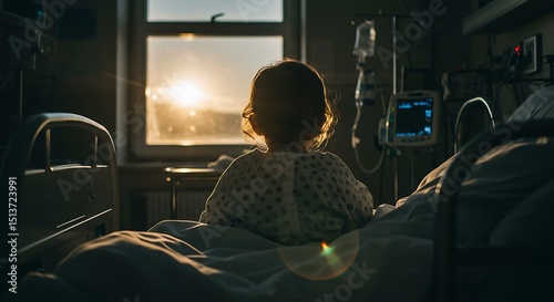 Child in hospital gown sitting on bed watching sunrise through window in dim room