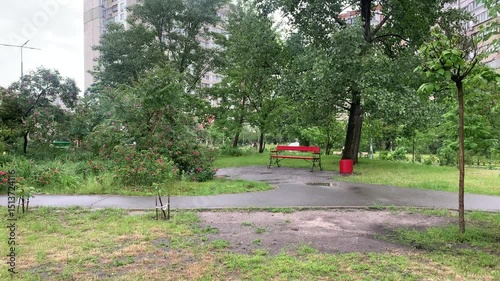 red bench in the park. Rainy park