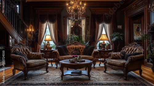 An opulent and inviting living room exudes old-world charm with its rich textures and details