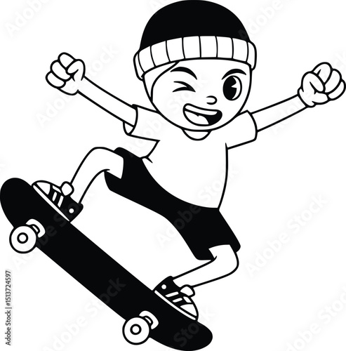 Energetic cartoon skater in motion riding skateboard with dynamic posture expressing fun and adventure