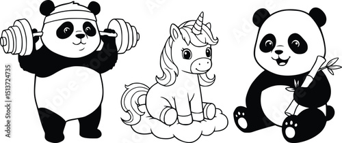 Adorable cartoon panda and unicorn friends having fun together in a cheerful and imaginative playtime illustration