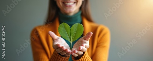 Smiling woman holding heart shape green leaf. ESG, eco friendly sustainable resources. Environmental ecology care concept. Symbol of green energy. Corporate social responsibility. Nature