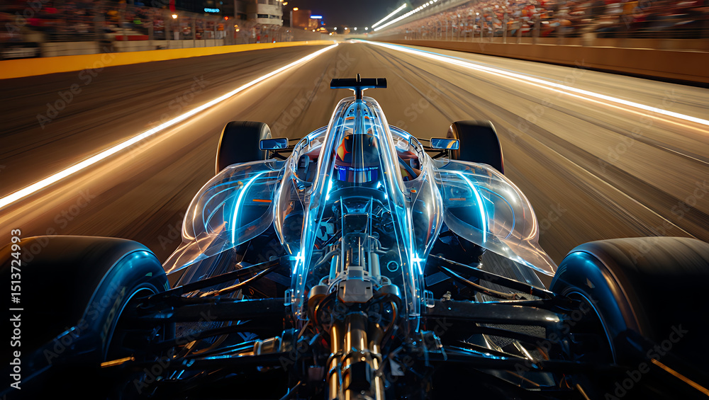 Obraz premium Transparent formula 1 race car speeding through night circuit under bright lights