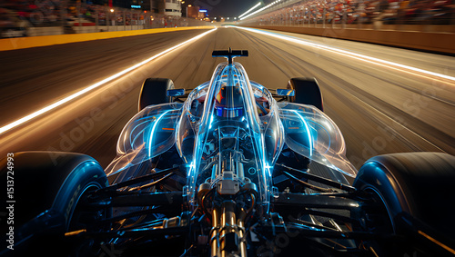 Transparent formula 1 race car speeding through night circuit under bright lights