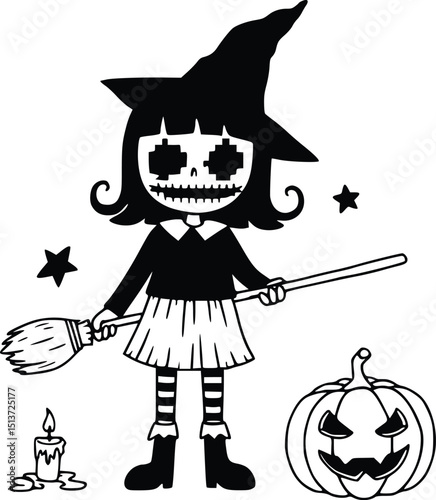Cartoon silhouette of a halloween witch holding a broom and jack-o'-lantern, spooky and festive character design


