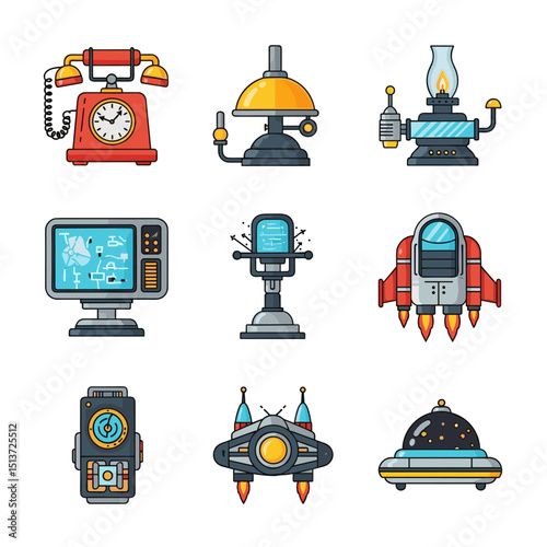 Retro Tech Icons: A collection of nine retro-futuristic technology icons, including a vintage telephone, lamp, oil lamp, television, microphone, rocket, clock, spaceship, and flying saucer.