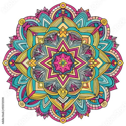 Colorful and Intricate Mandala Design with Geometric Shapes and Floral Elements