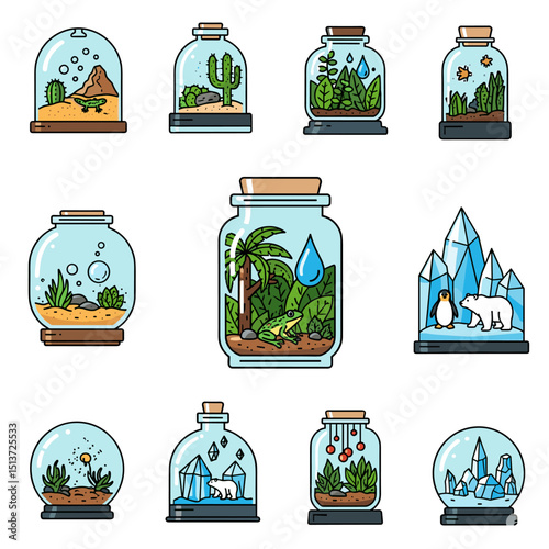 Miniature Terrariums: A set of illustrated terrariums, each meticulously crafted to house unique ecosystems, from desert landscapes to lush rainforests.