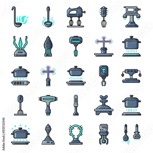 Sci-Fi Kitchen Gadgets: A collection of futuristic kitchen gadgets, each with a sleek design and glowing accents, arranged on a pristine background, evoke a sense of culinary innovation.