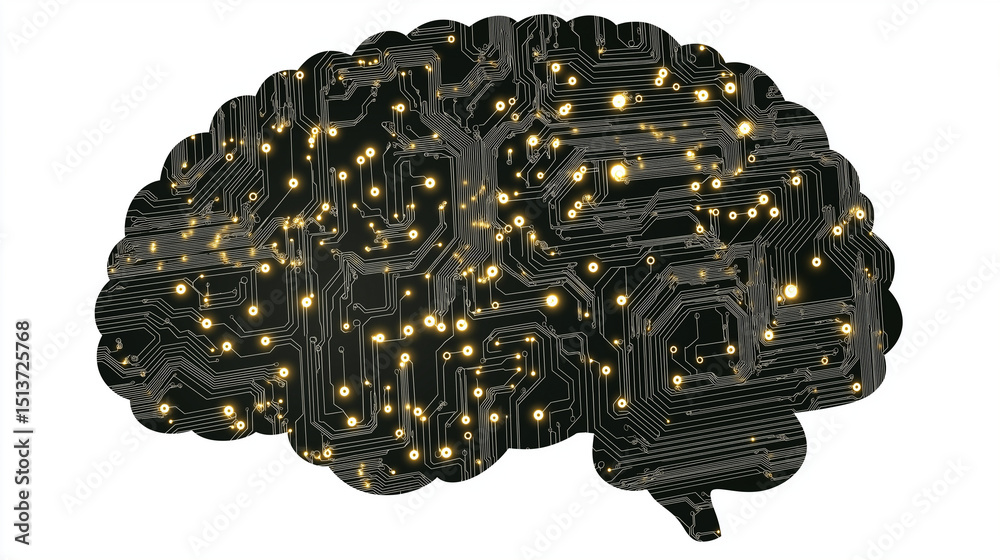 Obraz premium Modern artificial intelligence brain with neural connections, glowing circuits, tech style, flat vector, isolated on white, editable stroke
