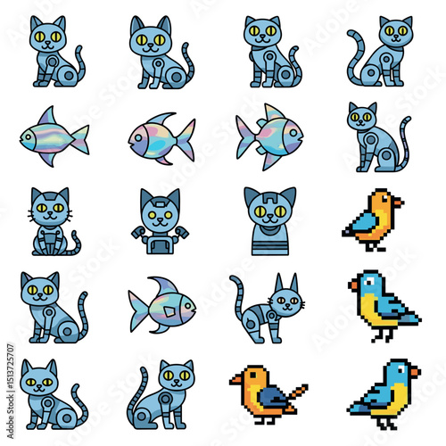 Pixel Art of Feline Companions: A curated collection of stylized pixel art of cats, fish, and birds, embodying the charm of digital creativity and the essence of friendly companions.