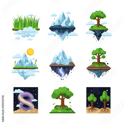 Floating Landscape Collection: A set of nine unique floating landscape designs, each showcasing different natural elements like grass, ice mountain, tree, set against skyscape.