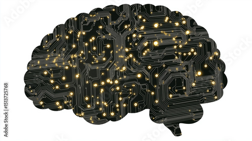 Modern artificial intelligence brain with neural connections, glowing circuits, tech style, flat vector, isolated on white, editable stroke