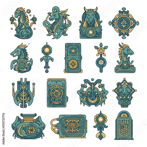 Mystical Emblems: A collection of intricately designed teal and gold emblems, showcasing various fantastical creatures and symbols, offering a glimpse into a world of wonder and imagination.