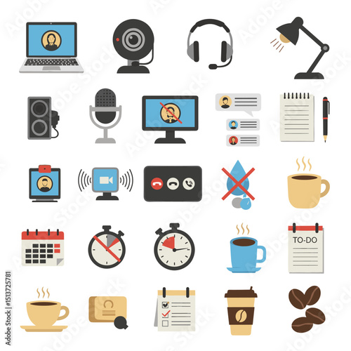 Digital Workspace Essentials: A comprehensive collection of illustrated icons captures a digital workspace, with diverse items from devices to stationery, essential for productivity.