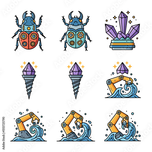 Whimsical Illustrations: A vibrant array of artistic illustrations, featuring unique insects, crystals, and robotic elements, presented in a stylized manner.