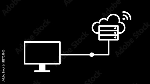 Animated Desktop Computer to Cloud Server Connection, cloud computing infrastructure, data synchronization, and network communication. remote data access concept.