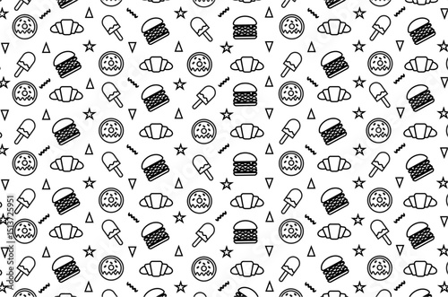 Fast food icons pattern background. Junk food icons seamless pattern background. Perfect for wrapping paper, packaging product, backdrop, wallpaper, textile, fabric and other commercial needs.