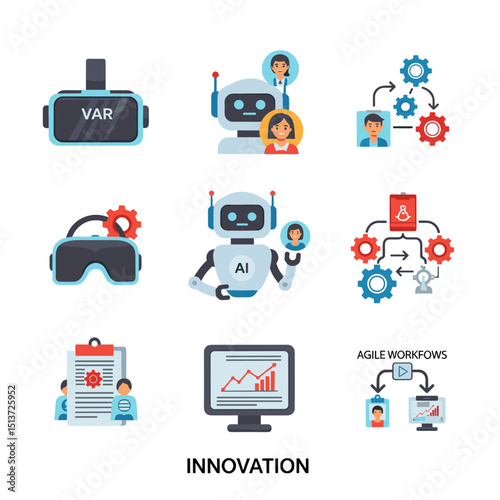 Innovation Icons: A set of innovation icons symbolize the evolution of business with technology.