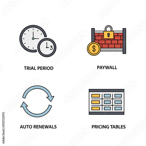 Time, Security, and Value: A collection of clear, minimalist icons representing digital security and business concepts: trial periods, paywalls, auto-renewals, and pricing tables.